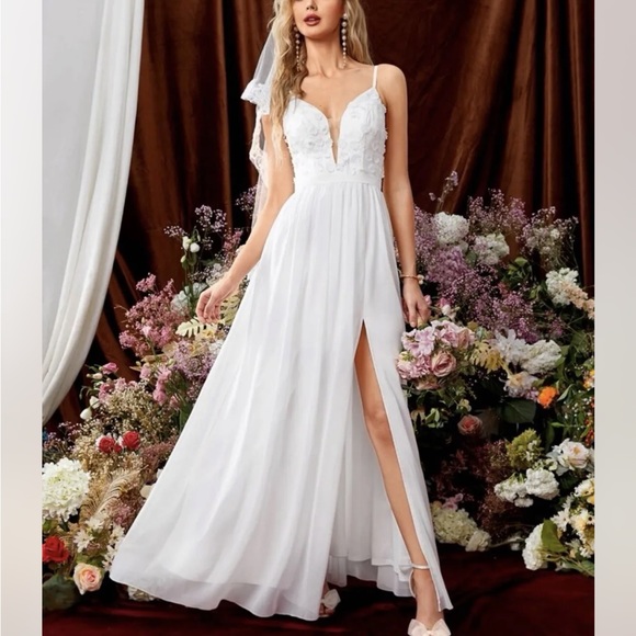 BELLE-APPLIQUÉS LEAF EMBROIDERY MESH INSERT SPLIT THIGH CHIFFON WEDDING DRESS XL - Picture 4 of 8